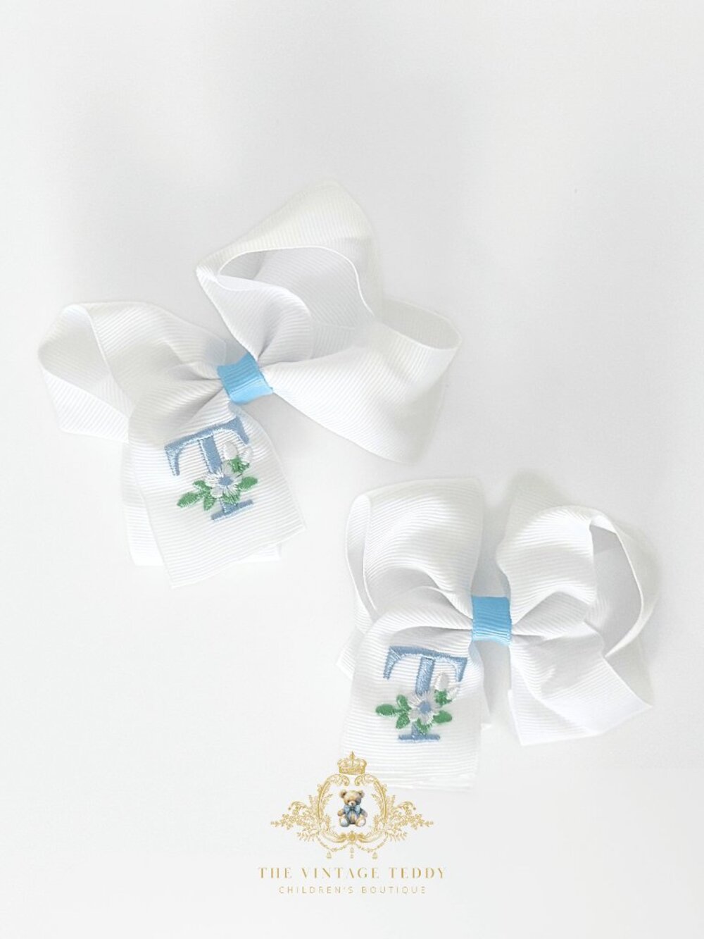 NWT Pretty Girls Hair Bows Floral Embroidered Grosgrain Ribbon Letter T Set of 2